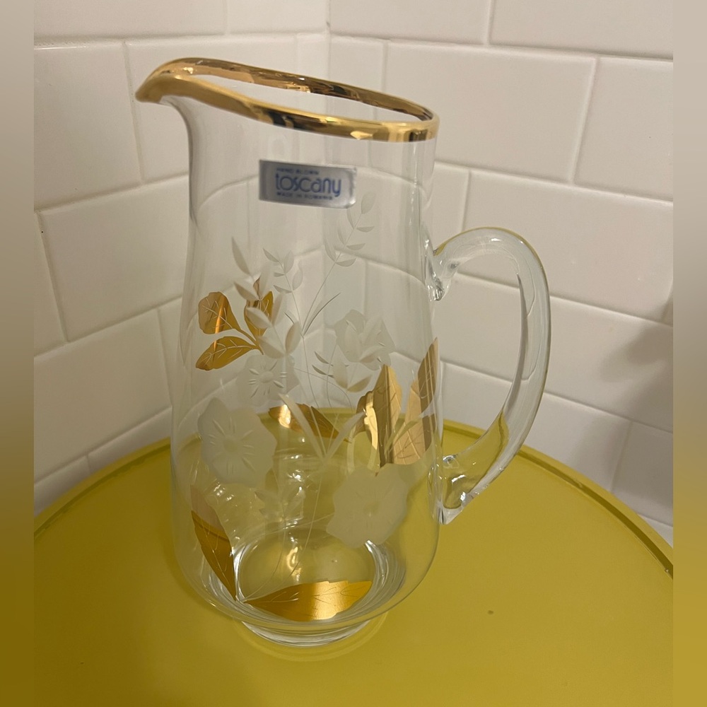 Gold and Clear Glass Pitcher, hand blown in Romania